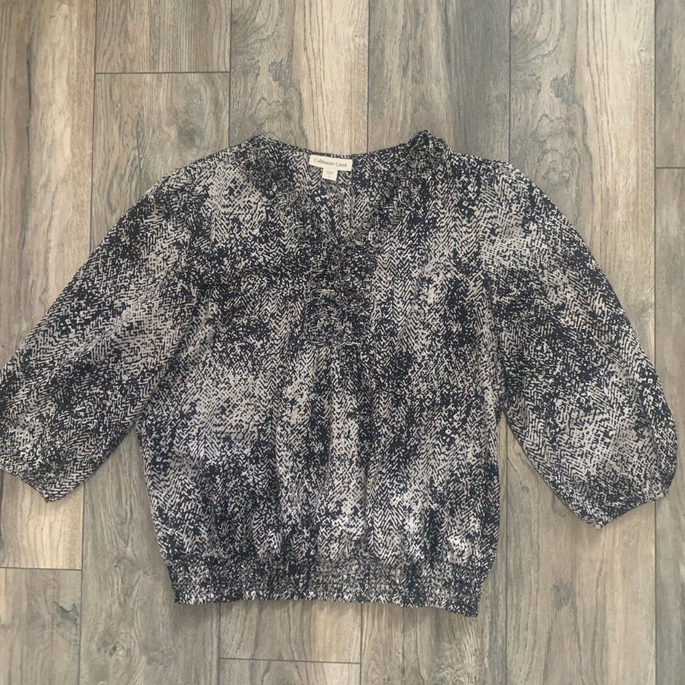 COLDWATER CREEK‎ BLACK/WHITE BRAIDED V-NECKLINE ELASTIC WAIST PEASANT BLOUSE 14